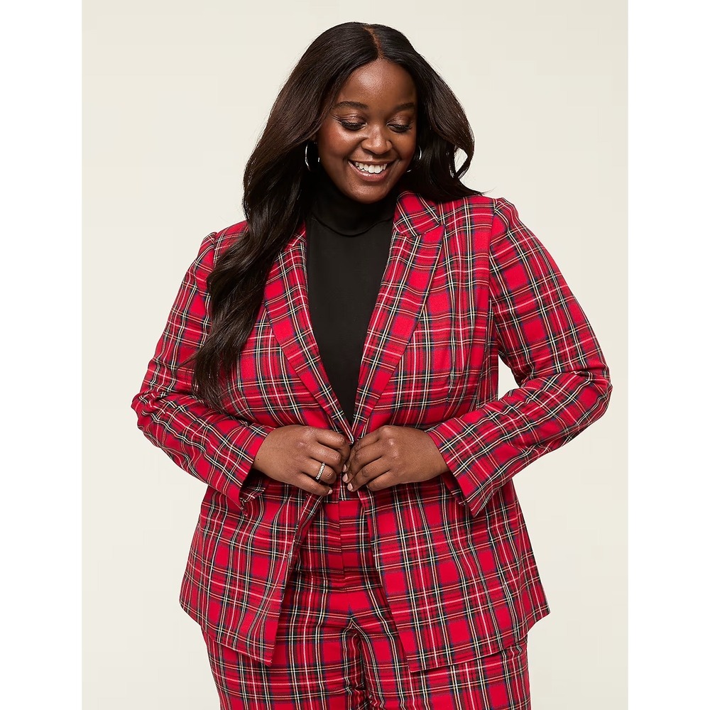 Lane Bryant‎ Tartan Plaid Single Button Blazer Jacket Red BlackPlus Size 18